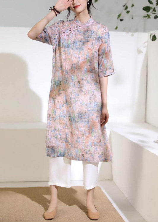Art stand collar half sleeve linen clothes For Women Work pink print Dress