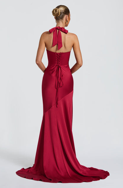 Sexy Halter Deep V Neck Solid Color Stitching Dress