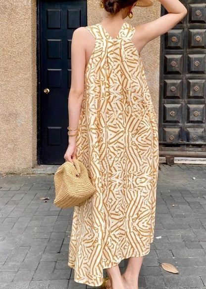 Bohemian Yellow V Neck Print Cotton Vacation Dress Sleeveless