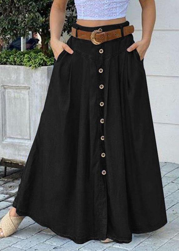 Women Solid Color Print2 Bottom Front Loose Casual Long Skirt With Pocket