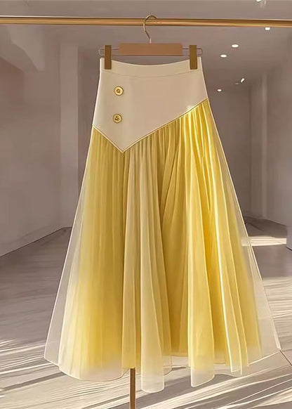 Women Yellow High Waist Wrinkled Patchwork Tulle Skirt Fall