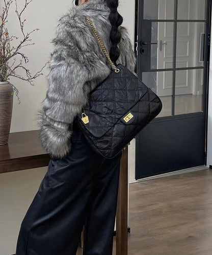 Handmade Black Plaid Wrinkled Faux Leather Flap Bag