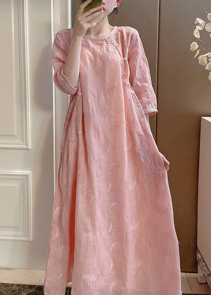 Elegant Pink Embroidered Button Linen Two-Piece Set Half Sleeve