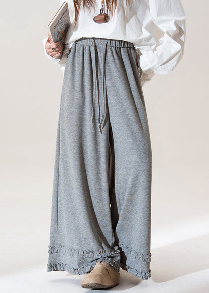 Women Grey Ruffled Elastic Waist Patchwork Cotton Wide Leg Pants Fall