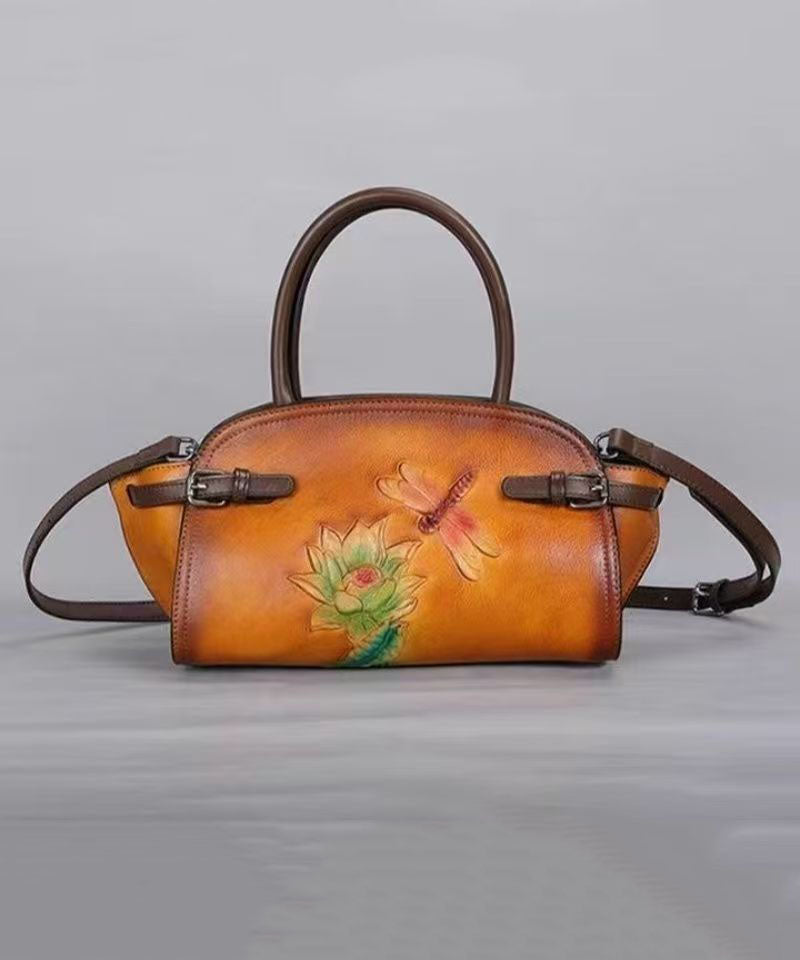 Chinese Style Yellow Calf Leather Embossed Tote Bag