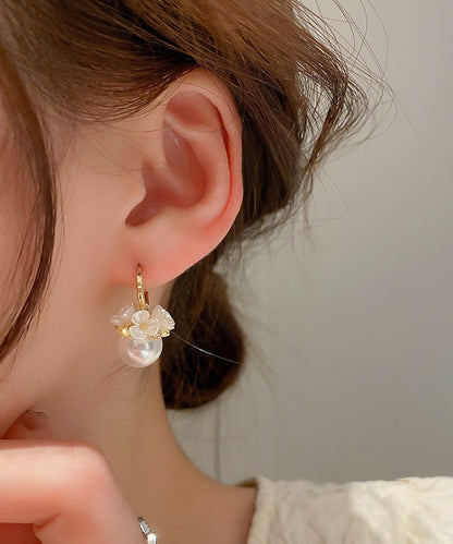 Cute Gold Alloy Zircon Pearl Floral Hoop Earrings