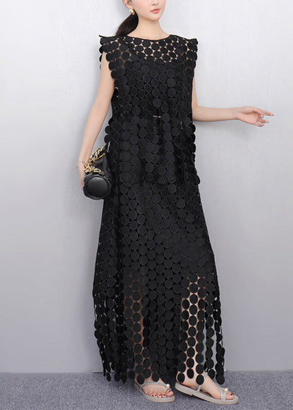 Beautiful Black Dot Lace Top And Maxi Skirts Two Pieces Set Sleeveless