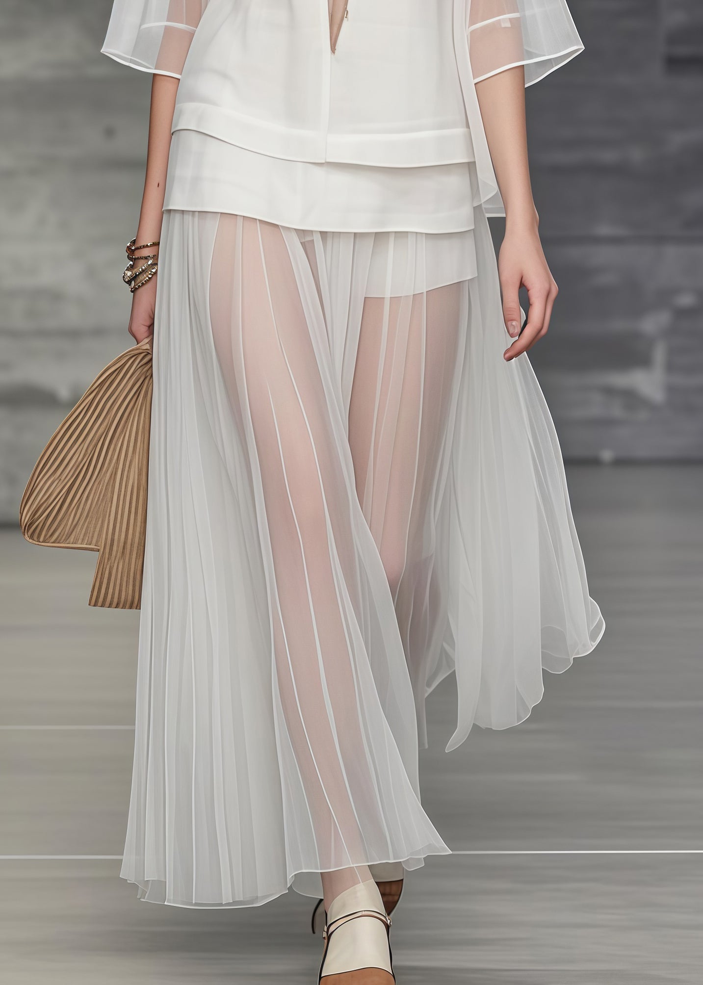 Unique White Deep-V Neck Patchwork Tulle Two Piece Set Women Clothing Summer