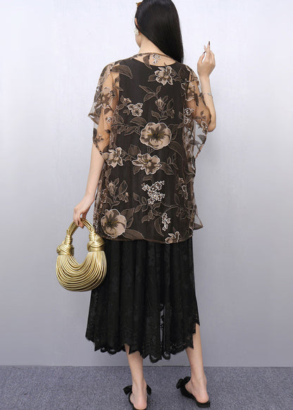 Elegant Print Chiffon Tops And Tulle Dress Two Pieces Set Summer