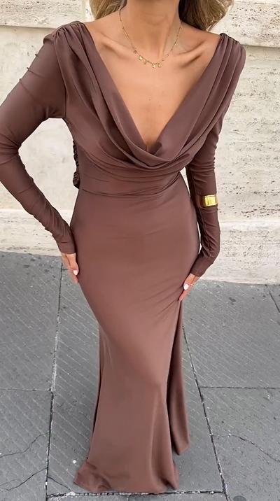 Sexy Long Sleeve Backless Low-Cut Solid Color Fishtail Skirt