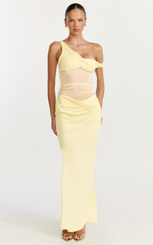 Pale Yellow Asymmetric Off-Shoulder Mesh Ruched Maxi Dress
