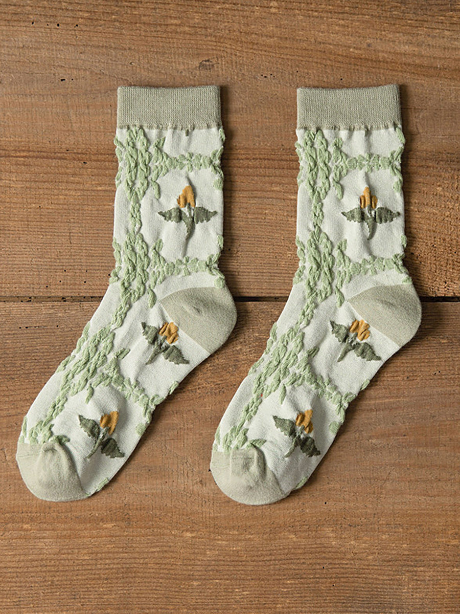 5 Pairs Floral Women Casual Cotton Autumn Winter Socks