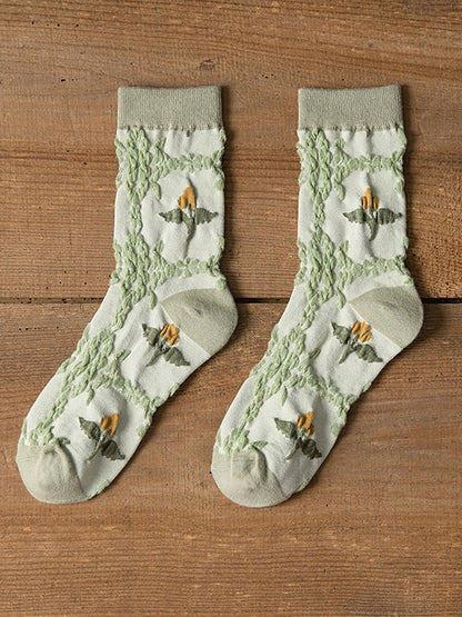 5 Pairs Floral Women Casual Cotton Autumn Winter Socks