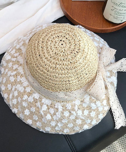 Handmade Beige Lace Bow Patchwork Straw Woven Floppy Sun Hat