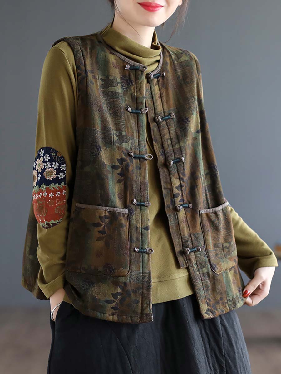 Women Artsy Ethni Floral Print Frog Waistcoat