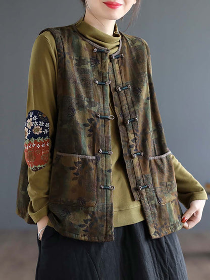 Women Artsy Ethni Floral Print Frog Waistcoat