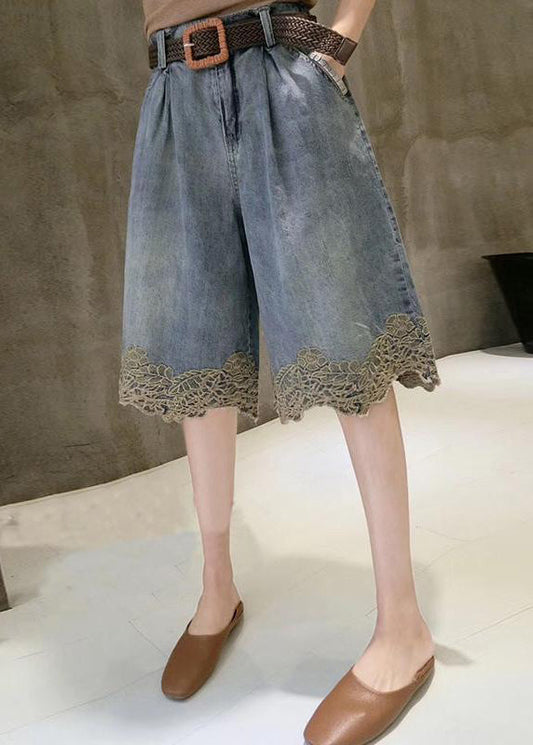 Fashion Blue Lace Patchwork Denim Hot Pants Summer