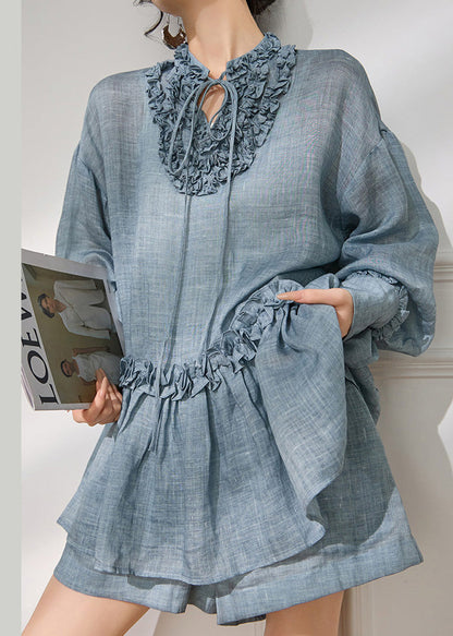Plus Size Blue Ruffled Lace Up Cotton Two Piece Set Summer