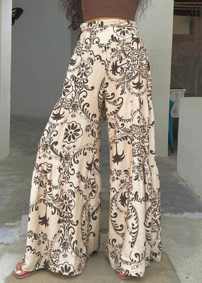 Chic Apricot Print Pockets Cotton Wide Leg Pants Summer