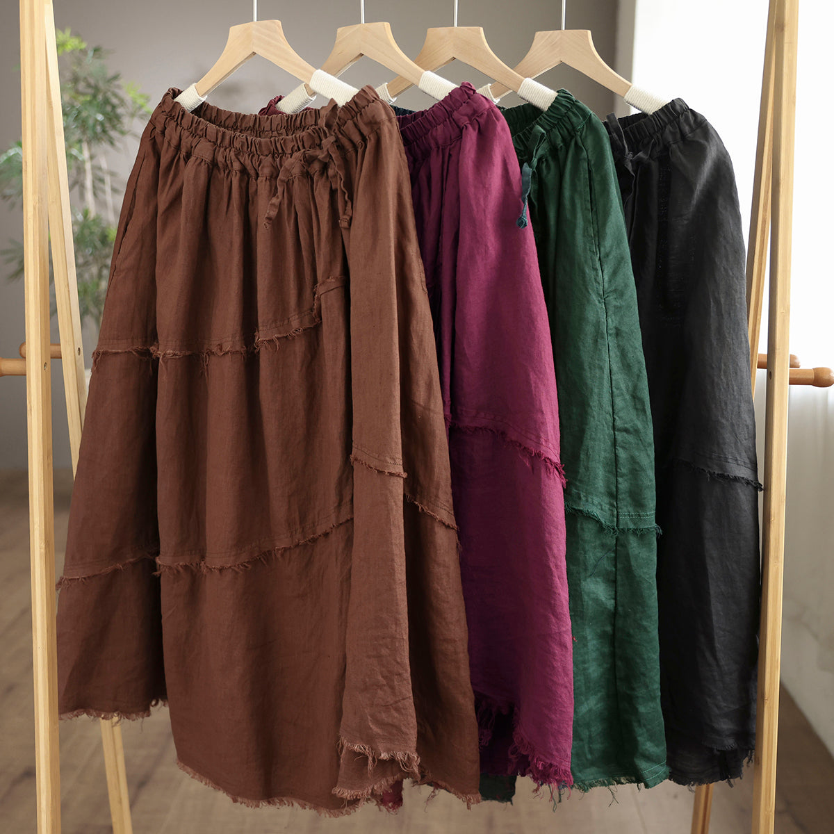 Cozy Autumn Casual Trim Linen A-Line Skirt