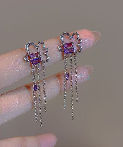 Cute Purple Sterling Silver Floral Tassel Drop Earrings
