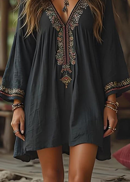 Casual Black V Neck Print Cotton Mid Dresses Summer