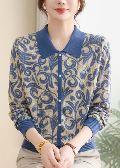 Women Purple Peter Pan Collar Print Knit Sweaters Fall