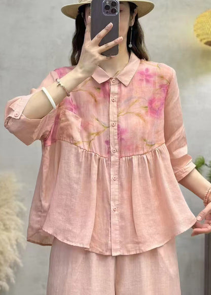Elegant Pink Print Patchwork Linen Shirt Top Half Sleeve
