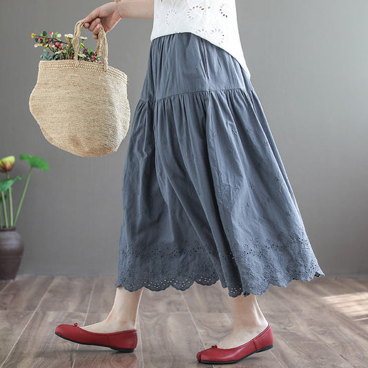 Cozy Retro Linen Loose Hollow Pleated Skirt