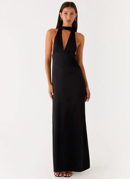 Alicia Satin Halter Maxi Dress - Black