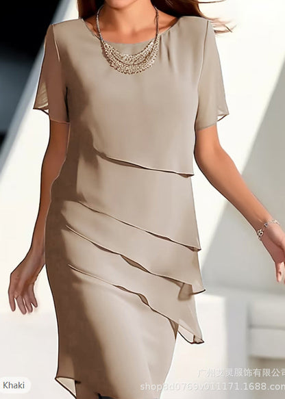French Khaki O-Neck Layered Solid Chiffon Maxi Dresses Short Sleeve