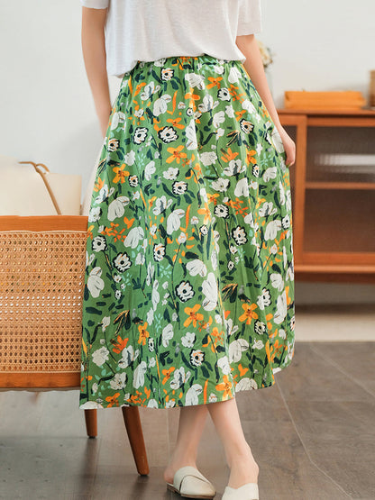 Floral Casual Elastic Waist Cotton Skirt