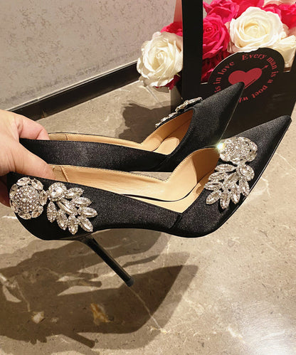 Elegant Splicing Stiletto High Heels Pointed Toe Black Satin Zircon