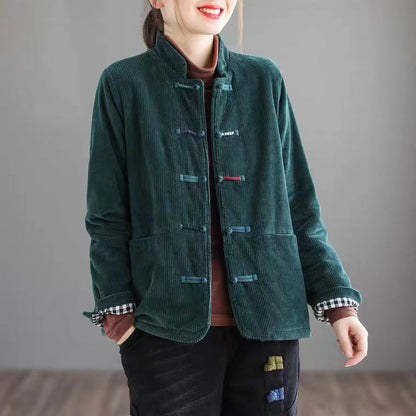 Stand Collar Corduroy Buckle Solid Stripe Thermal Jacket