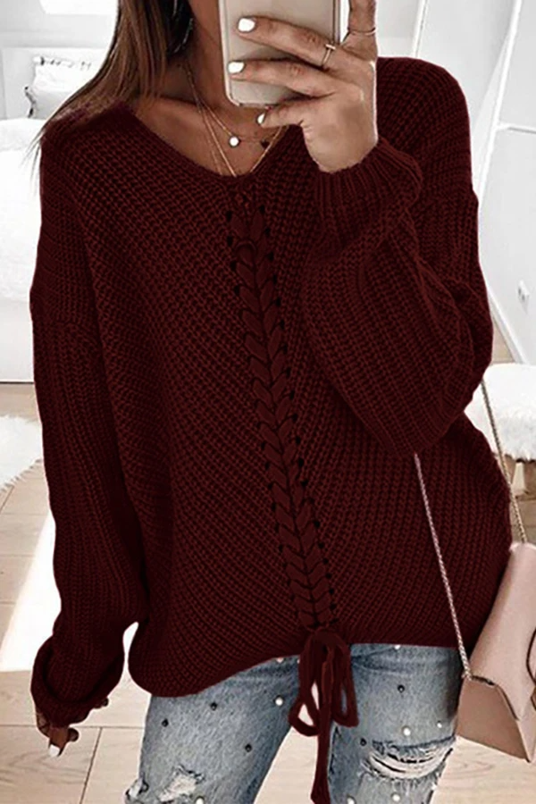 Solid Color Drawstring Knitted Sweater