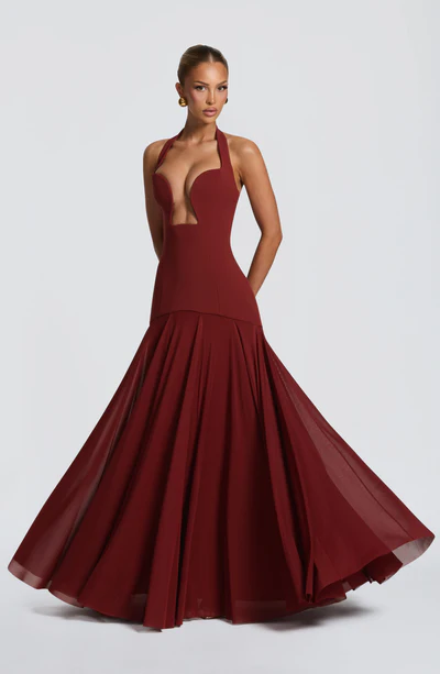 Halter Cutout Lace-Up Waist Chiffon Panel Maxi Gown