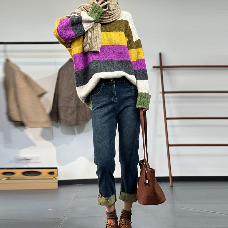 Rainbow Striped Knit Insulated Crewneck Sweater