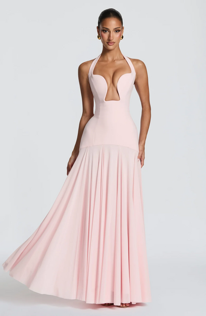 Halter Cutout Lace-Up Waist Chiffon Panel Maxi Gown