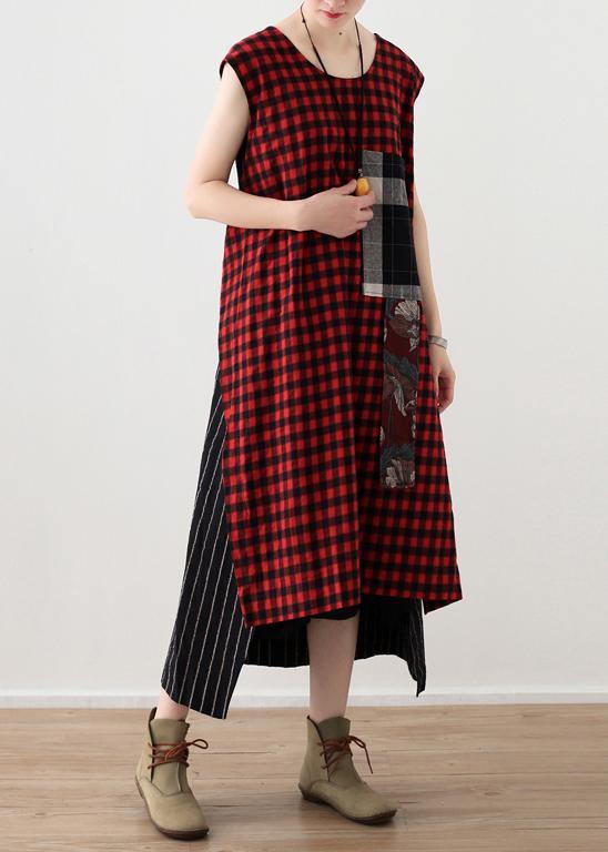 DIY plaid patchwork linen cotton Wardrobes Vintage Work Outfits sleeveless A Line summer Dress