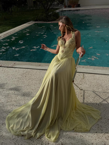 Halter Lace Corset Chiffon Evening Gown