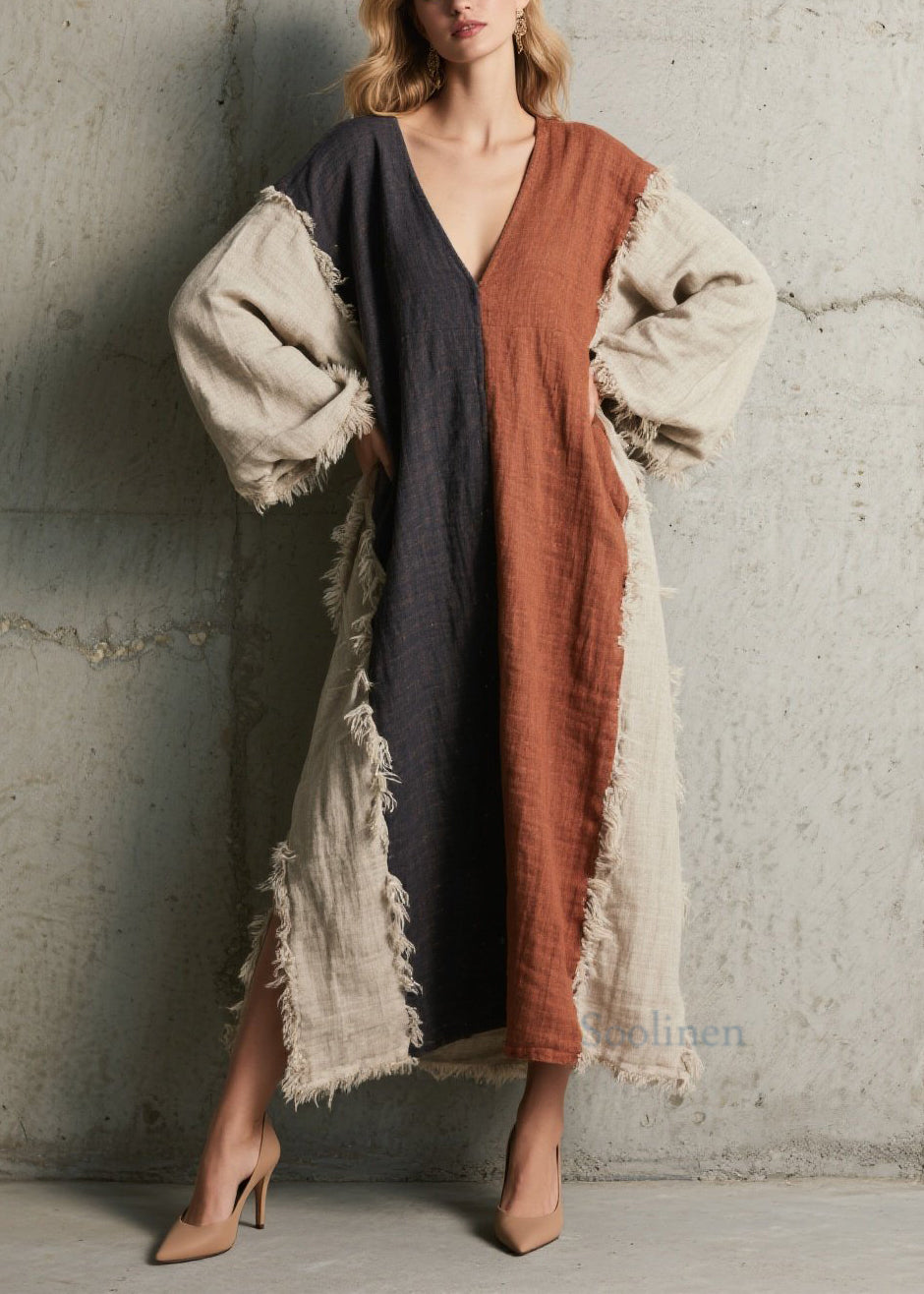 Plus Size Colorblock V Neck Tassel Patchwork Cotton Dress Fall