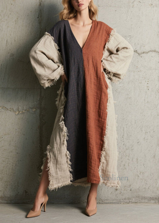 Plus Size Colorblock V Neck Tassel Patchwork Cotton Dress Fall