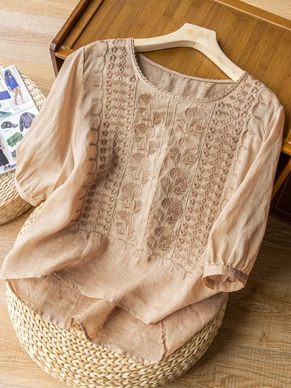 Embroidered Round Neck Half Sleeve Casual Linen Tee Top