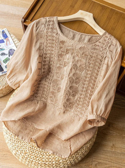 Embroidered Round Neck Half Sleeve Casual Linen Tee Top