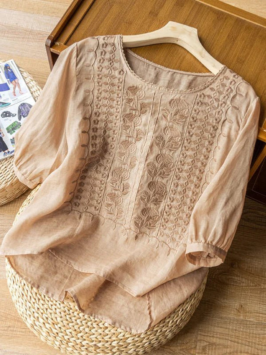 Embroidered Round Neck Half Sleeve Casual Linen Tee Top