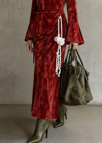 Slim Fit Red Asymmetrical Lace Up Silk Velvet Three Piece Set Flare Sleeve