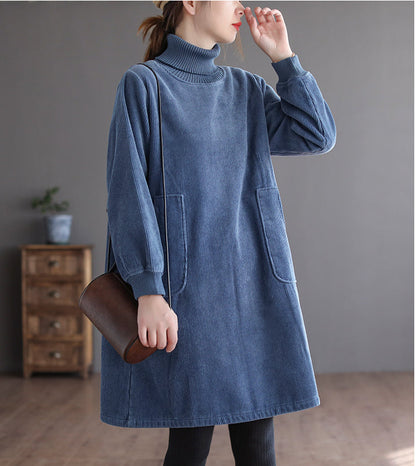 Corduroy Solid Color Plus Velvet Thick Loose Turtleneck Top