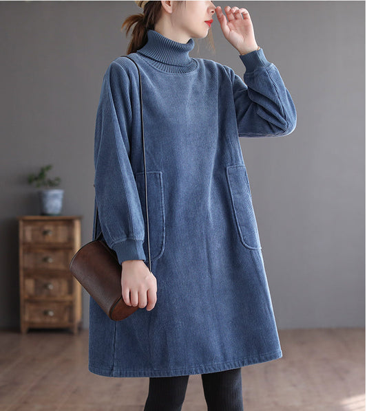 Corduroy Solid Color Plus Velvet Thick Loose Turtleneck Top