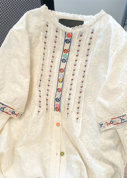 Women White Embroidered Lace Loose Shirts Summer