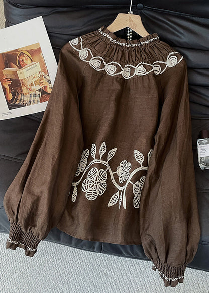Vintage Coffee Embroidered Wrinkled Cotton Blouses Fall